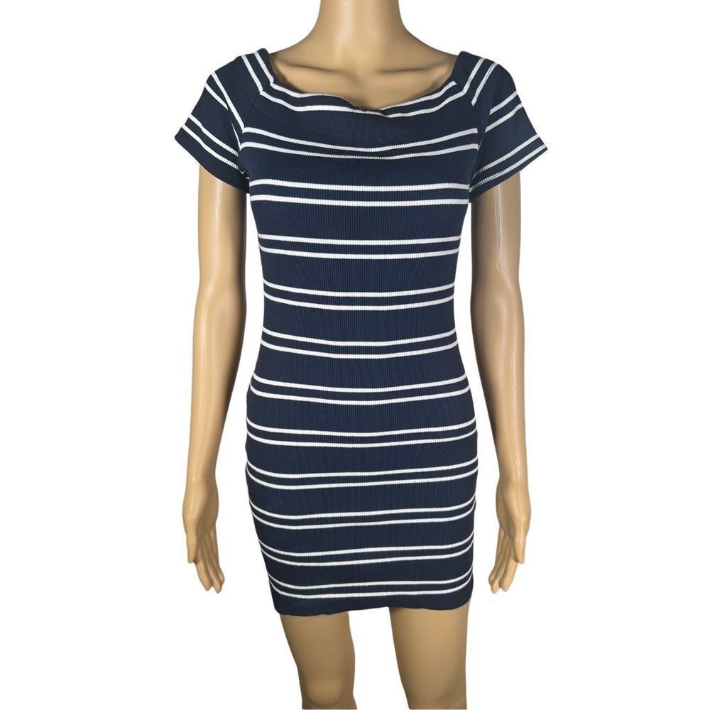 ASTR The Label Women's Blue & White Boat Neck Striped Bodycon Mini Dress Small - Picture 1 of 6